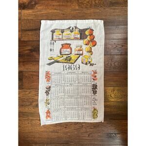 Vintage Linens - Tea Towel Calendar - Retro Orange & Yellow Kitchen Scene - 1969